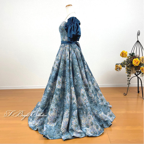 再販 ウェディングドレス カラードレス ブルー系 花柄 付け袖付き 結婚