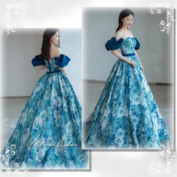 カラードレス 青 ロングドレス 取り外し可能な袖付き 結婚式 演奏会用ドレス 織物生地 ブルー　cd22790 4枚目の画像