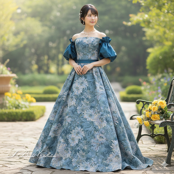 再販 ウェディングドレス カラードレス ブルー系 花柄 付け袖付き 結婚