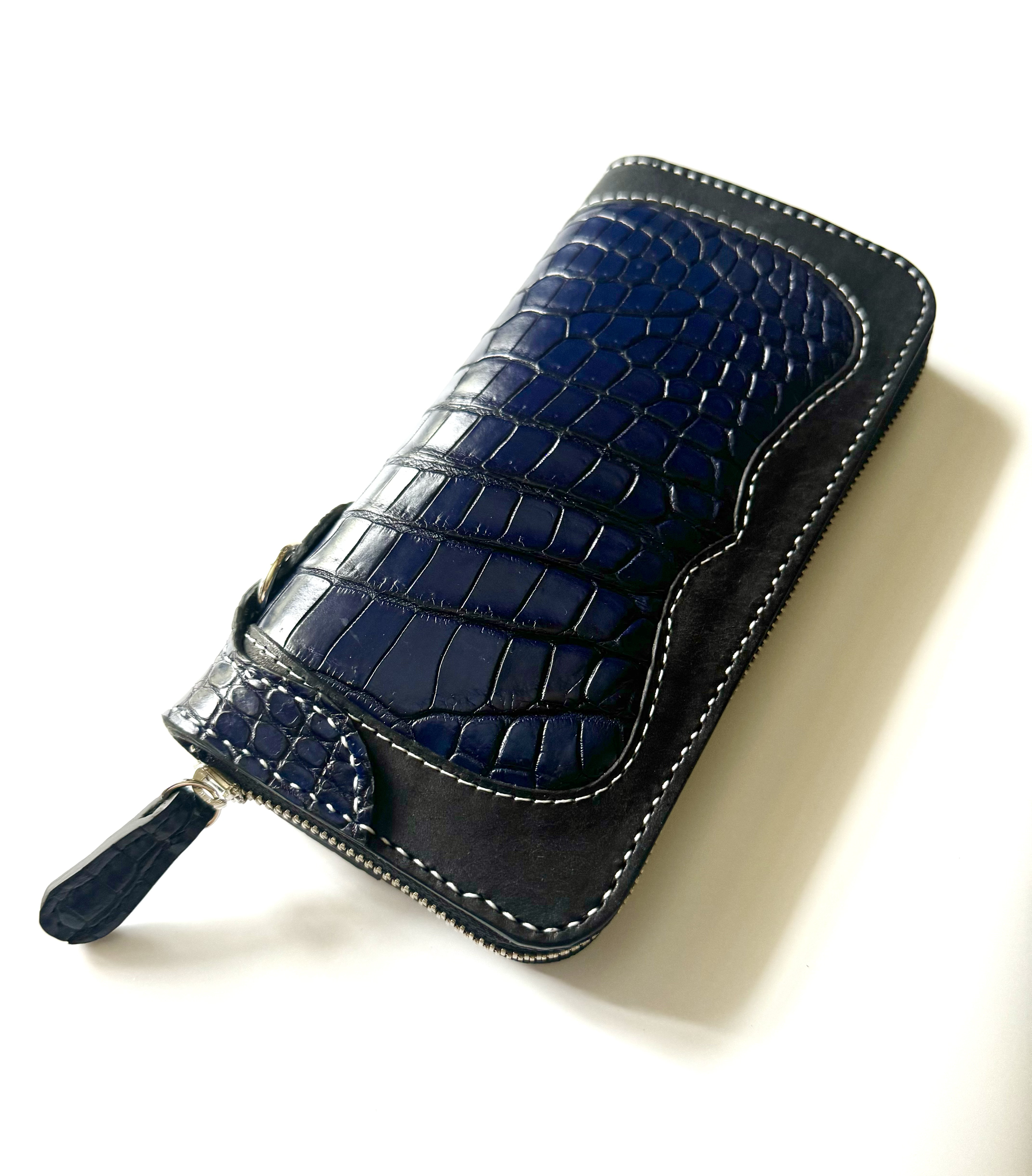 クロコダイル　ポロサス　藍染　コンパクトウォレット　ミニ財布　ハンドメイド