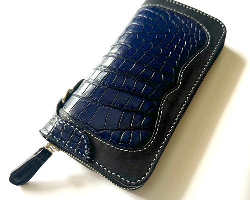 クロコダイル　ポロサス　藍染　コンパクトウォレット　財布　ハンドメイド クロコダイルポロサス藍染コンパクトウォレットミニ財布ハンドメイド