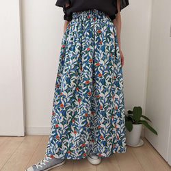 【裾上げ無料】ポケットつき【春夏　お花と葉っぱ柄】ウエストゴムのコットンギャザースカート　 1枚目の画像