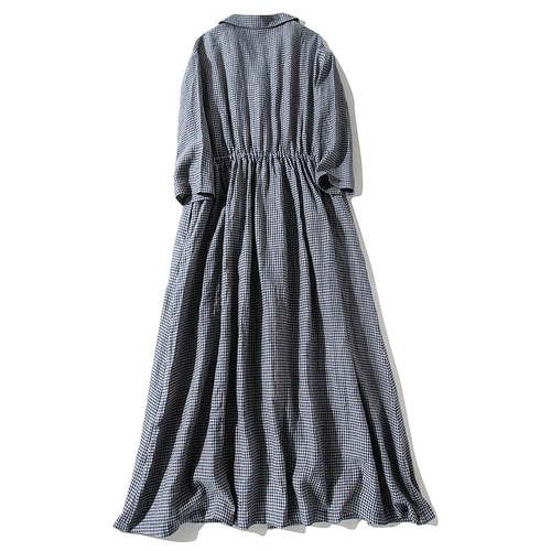 新品★ハンドメイド作家S＆S★shizuka's様チェック柄フリル襟リネンワンピ チェック柄リネンワンピース 7分袖丈シャツ式ワンピース ブレザー襟