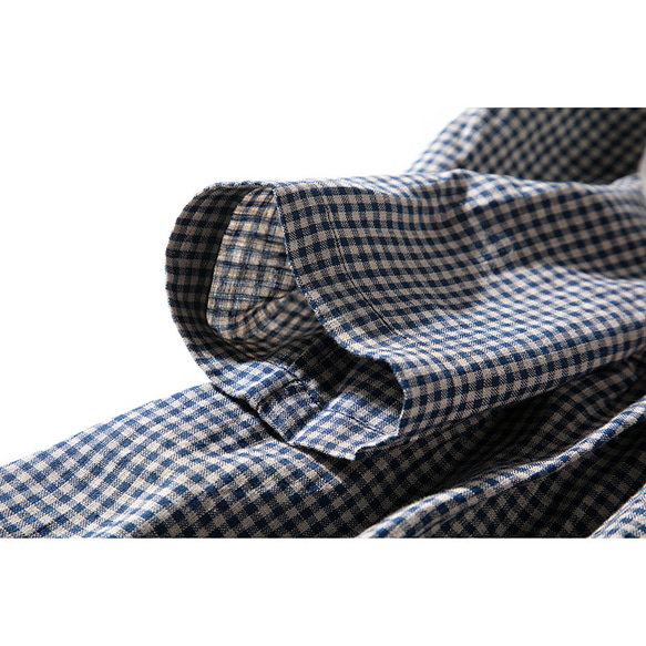 チェック柄リネンワンピース　7分袖丈シャツ式ワンピース　ブレザー襟ワンピース　ロングワンピース　S-LサイズL206　 5枚目の画像