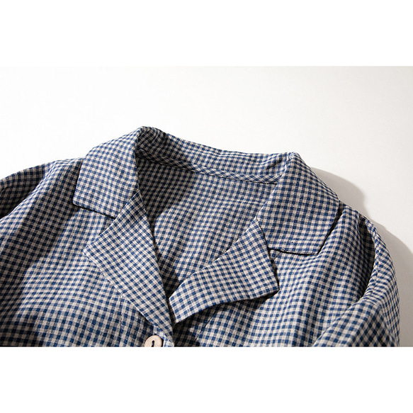 チェック柄リネンワンピース　7分袖丈シャツ式ワンピース　ブレザー襟ワンピース　ロングワンピース　S-LサイズL206　 3枚目の画像