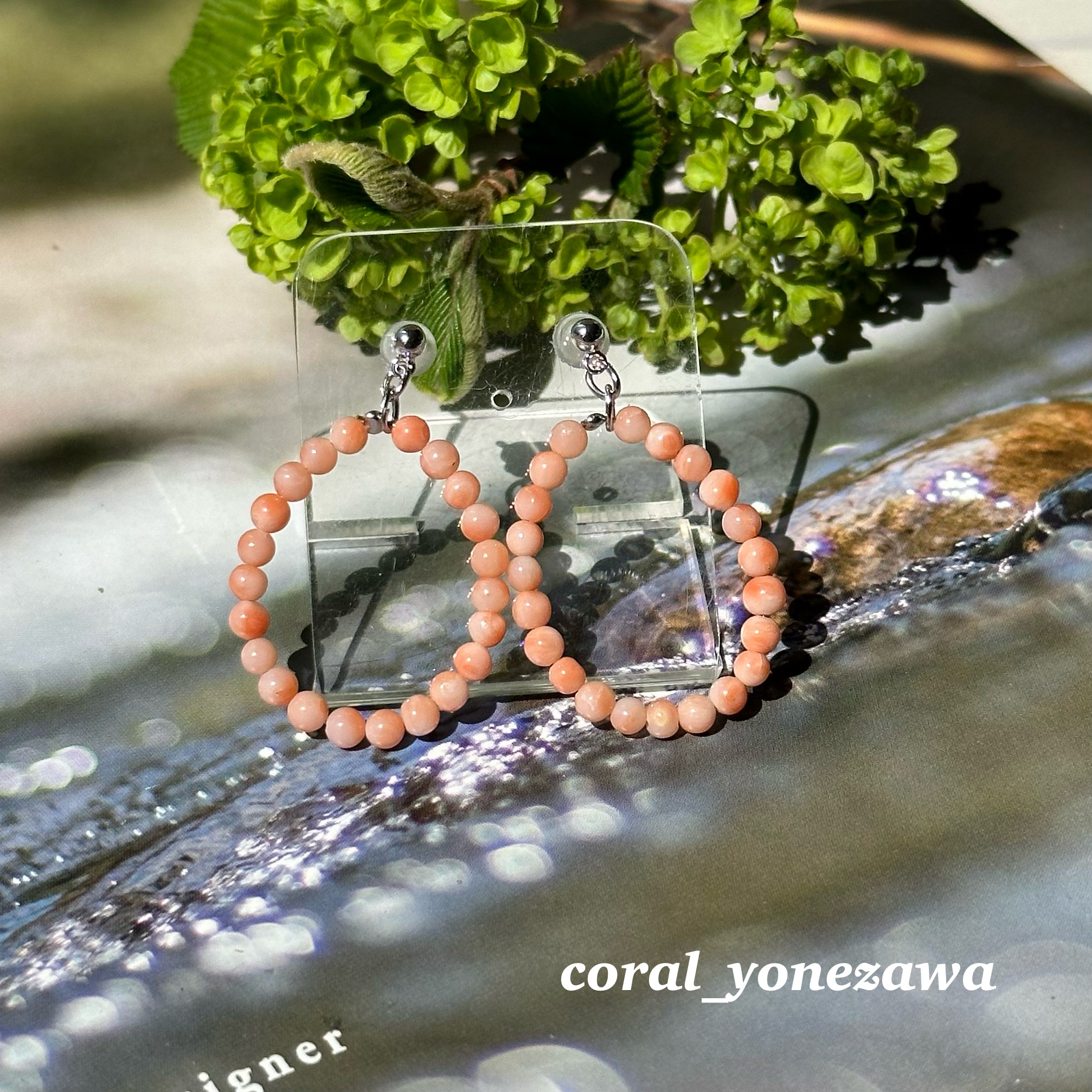 ピンク珊瑚の小玉でリング○おしゃれなピアスが出来ました♡ポストチタン　R50421Y3