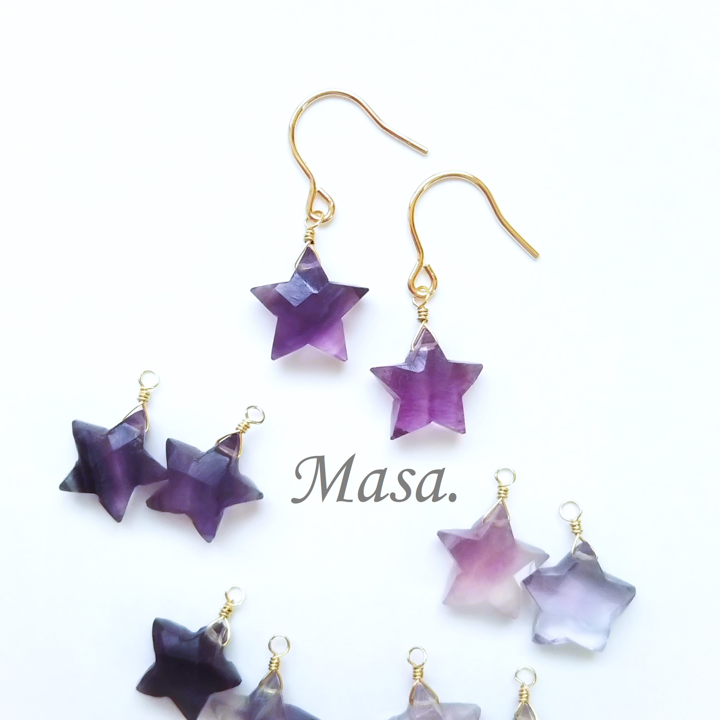 フローライト×マザーオブパールファンシーシェイプ＆モルガナイトのピアス14kgf 再販＊フローライト星のピアス／イヤリング （パープルカラー