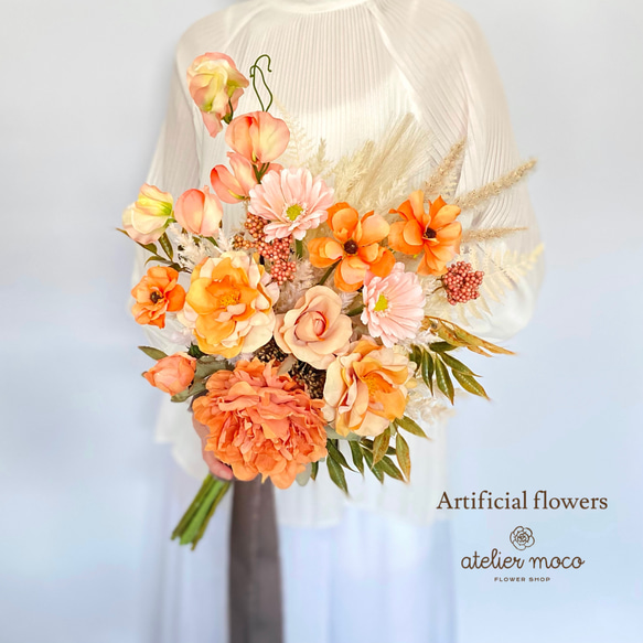 オーダーメイド】オレンジ&ピーチのアンティーク クラッチブーケ（造花