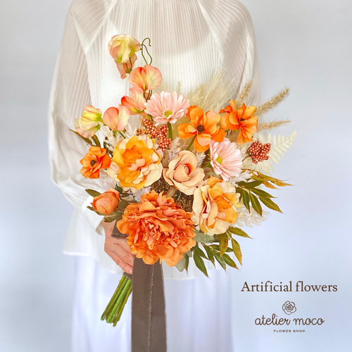 No.2165　ウェディングブーケ　造花ブーケ　前撮り　結婚式　オレンジ No.2165 ウェディングブーケ 造花ブーケ 前撮り 結婚式 オレンジ