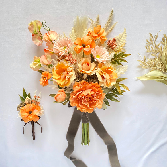 【オーダーメイド】オレンジ&ピーチのアンティーク クラッチブーケ（造花・ウェディング・結婚式・前撮り・フォト） 7枚目の画像