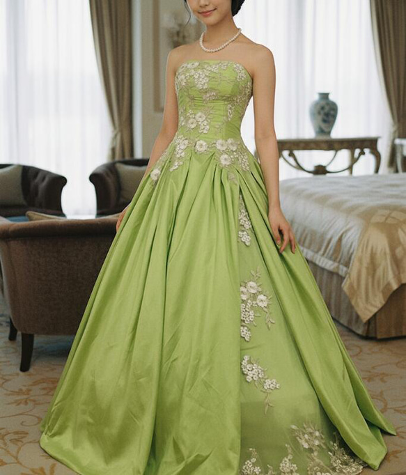 ドレスルームアミ 高級 ロングドレス クラシカル ストーンベルト 花柄 グリーン ドレスルームアミ 高級 ロングドレス クラシカル ストーンベルト