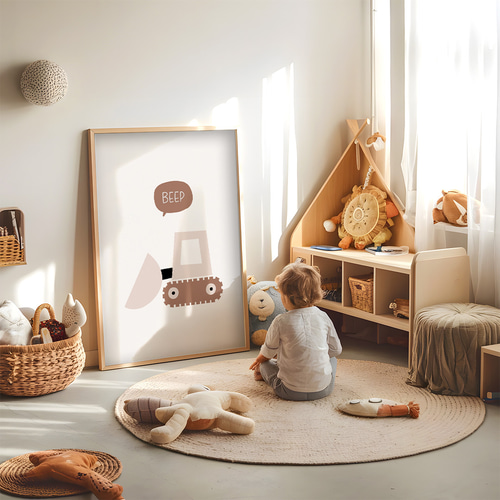 子供向けアートポスター BEEPショベルカー パステル建設車両 北欧風