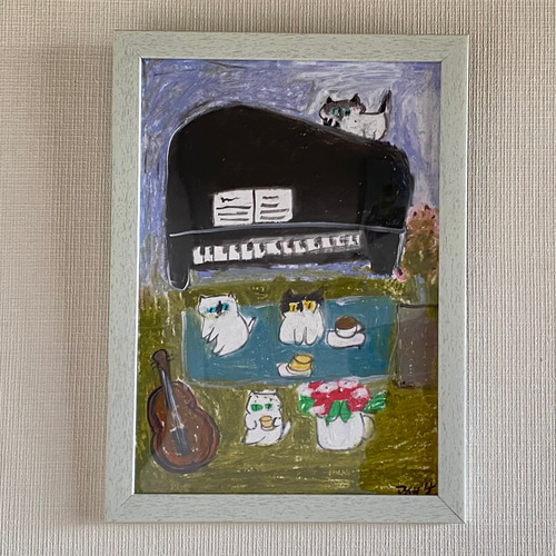 絵画。原画☆キャンバスF10【可愛い猫たちのピアノ演奏会が