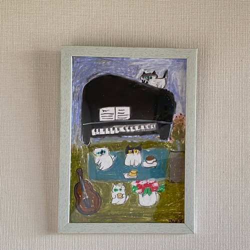 絵画。壁掛け原画【可愛い猫たちのロマンチックなピアノ演奏会