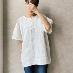 ラミーリネンTシャツ ビッグT レディース メンズ  color : ホワイト・ブラック [シェルボタン使用] 2枚目の画像