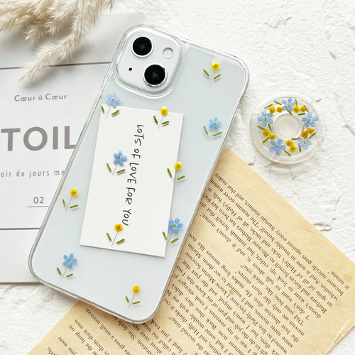 忘れな草 ミモザ ブルーとイエローの小花たち 押し花スマホケース 