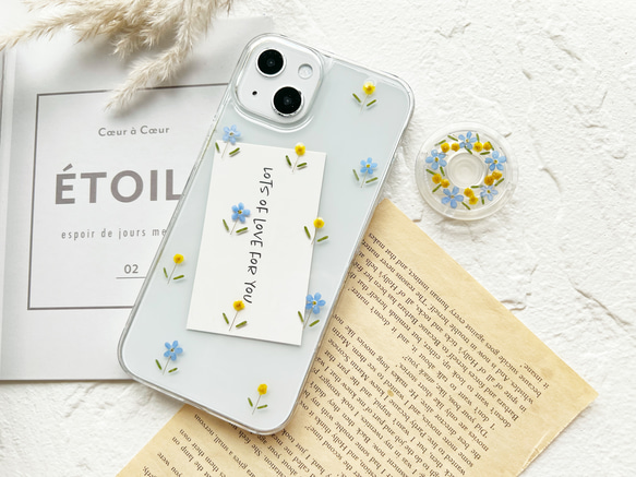 忘れな草 ミモザ ブルーとイエローの小花たち 押し花スマホケース