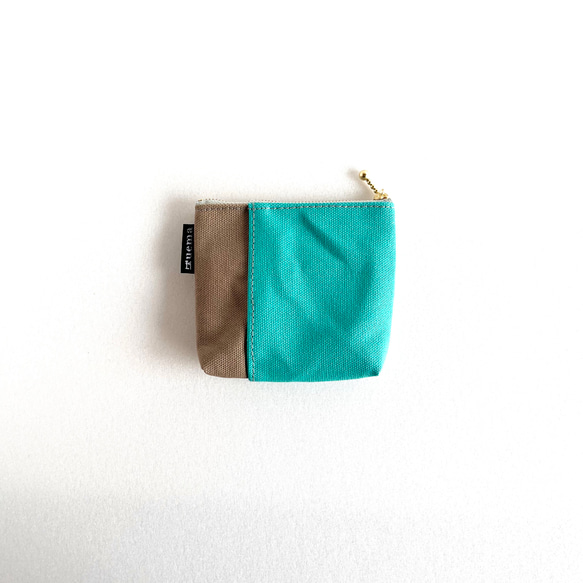 お財布にもなる便利な帆布のミニポーチ・エメラルド×ベージュ 2枚目の画像