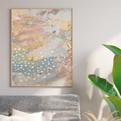 抽象画 ピンクとブルーのゴールドアクセント 油絵風 インテリアポスター 海外アート ３枚セット 3枚目の画像