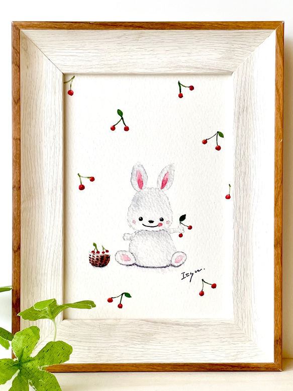 透明水彩画　A4ポスター「さくらんぼとうさぎちゃん」イラスト　サクランボ　ウサギ　プチギフト  母の日　子供部屋 2枚目の画像