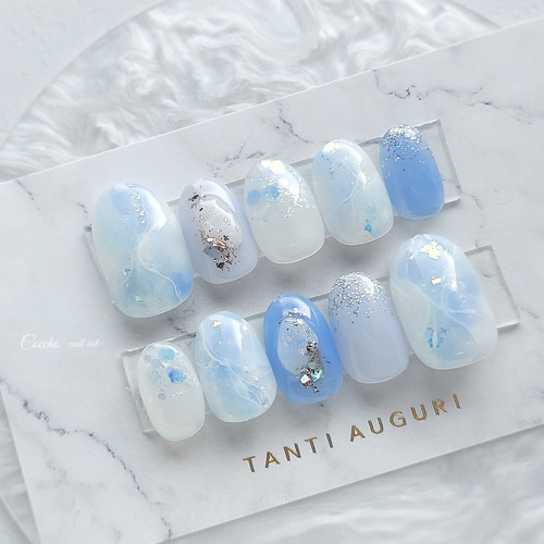 オーダーネイルチップ バラネイル 水色ネイル ブルーネイル ガーリーネイル オーダーネイルチップ♡水色青フレンチガーリー量産型オタク推し