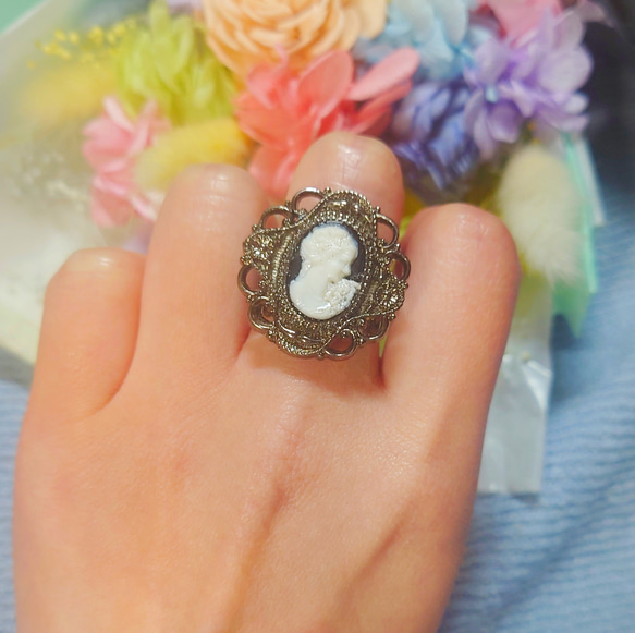 アンティーク　カメオリング K18 貴婦人のシェルカメオ 和彫 ヴィンテージリング ソーティングメモ