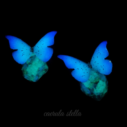 夜光蝶 と オーロラ 鉱石 No.1 ピアス イヤリング 】 レジン 蓄光 白