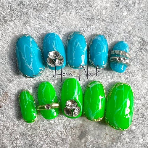 チップ種類、カラー変更可能》ネオンカラーグリーンブルー大理石ミラー