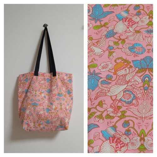 ☆セール☆ジョリーポム猫とウサギの花柄大きめトートバッグピンク