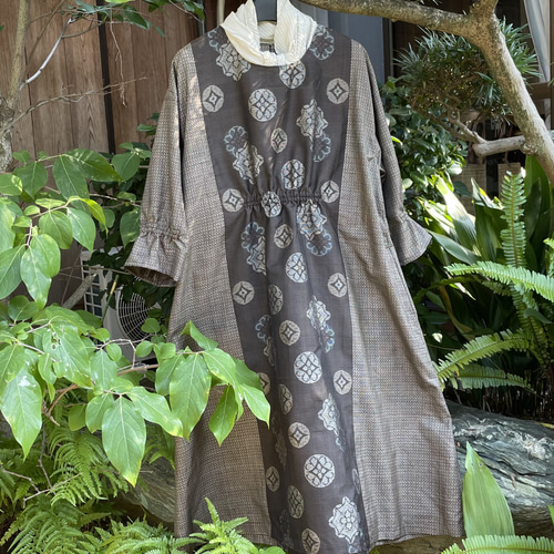 242 手染大輔 着物リメイク シャーリングワンピ ストール付 L