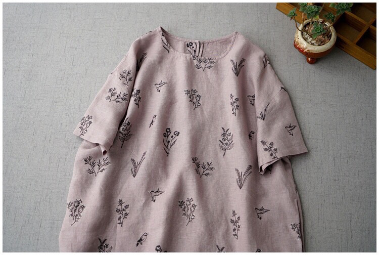 リネン100％総刺繍ポケット付きシンプルな大人可愛い半袖ワンピース♪