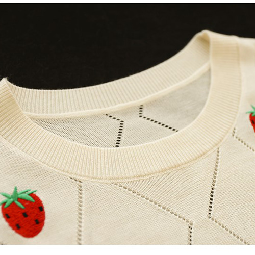 イチゴの刺繡 Tシャツ レディース サマーニット 半袖 伸縮性 フィット
