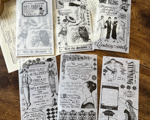 ビンテージ風イラスト♪マステ素材のシールブック(black)20枚入【c