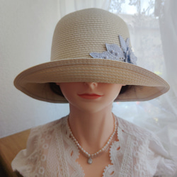麦わら帽子 薄めナチュラル 帽子  UV対策 紫外線対策 日焼け対策レースモチーフ 母の日 4枚目の画像