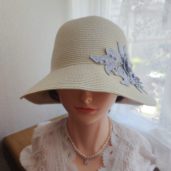 麦わら帽子 薄めナチュラル 帽子  UV対策 紫外線対策 日焼け対策レースモチーフ 母の日 10枚目の画像