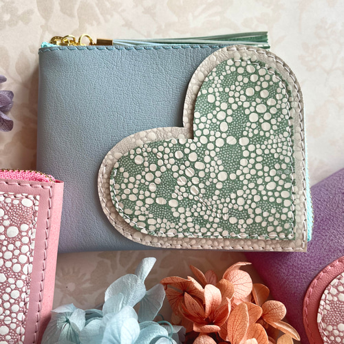 ミニ財布 　L字ファスナー　ハート ダブルポケット ♡紫陽花グラデーション♡ ミニ財布 コンパクト L字ファスナー ハート ダブルポケット