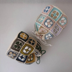 クロッシェモチーフ巾着・ソフトなカラー(コットン糸・丸底・かぎ針編み) 15枚目の画像