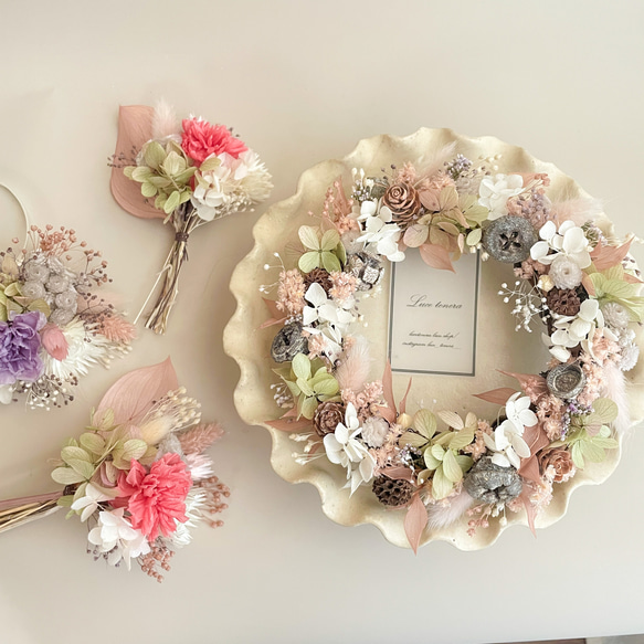 紫陽花とかすみ草の優しいリース　リース　ピンク　プレゼント　お祝い　結婚式　誕生日　両親贈呈品 2枚目の画像