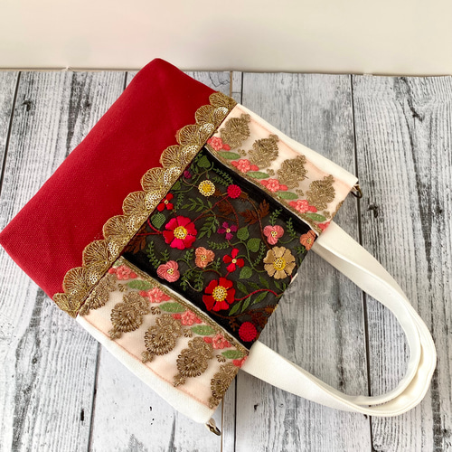 母の日ギフト！花と金モチーフのシースルーインド刺繍リボントート