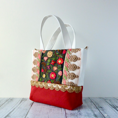 母の日ギフト！花と金モチーフのシースルーインド刺繍リボントート