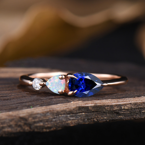 9月の誕生石ブルーサファイア結婚指輪 10月の誕生石ホワイトオパールリング シンプルな誕生日リング ジュエリーギフト 1枚目の画像