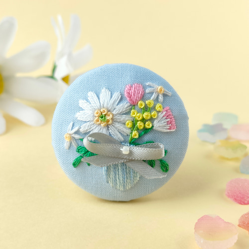 受注制作】パステルカラーのガーベラ花束刺繍ブローチor刺繍ヘアゴム