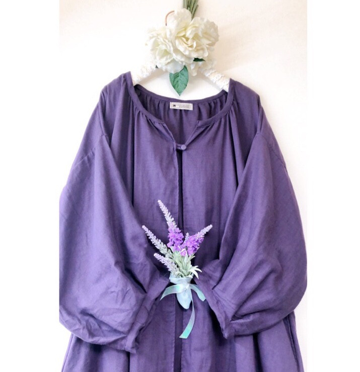 新作❤️ふわふわWガーゼ♡バルーンスリーブ袖と胸元お包みボタン背中のシャーリングが可愛いロングカーディガン❤️パープル