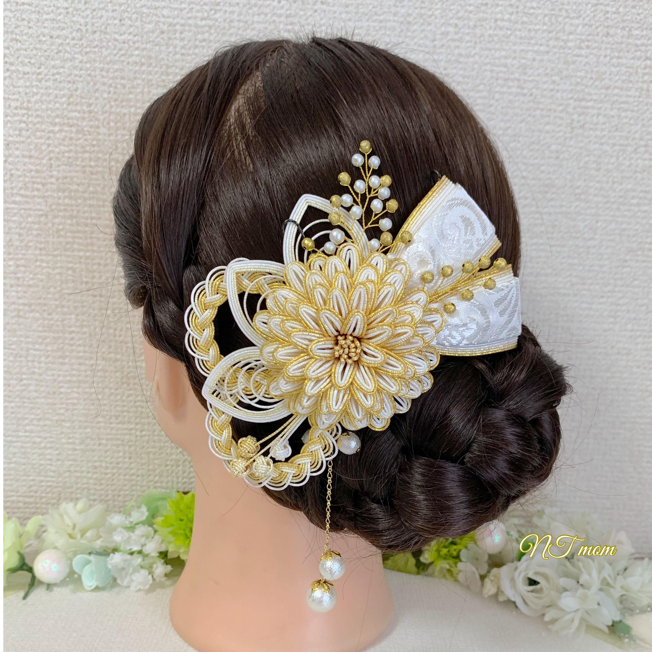 成人式卒業式結婚式・和装水引髪飾り・華一輪・ゴールド