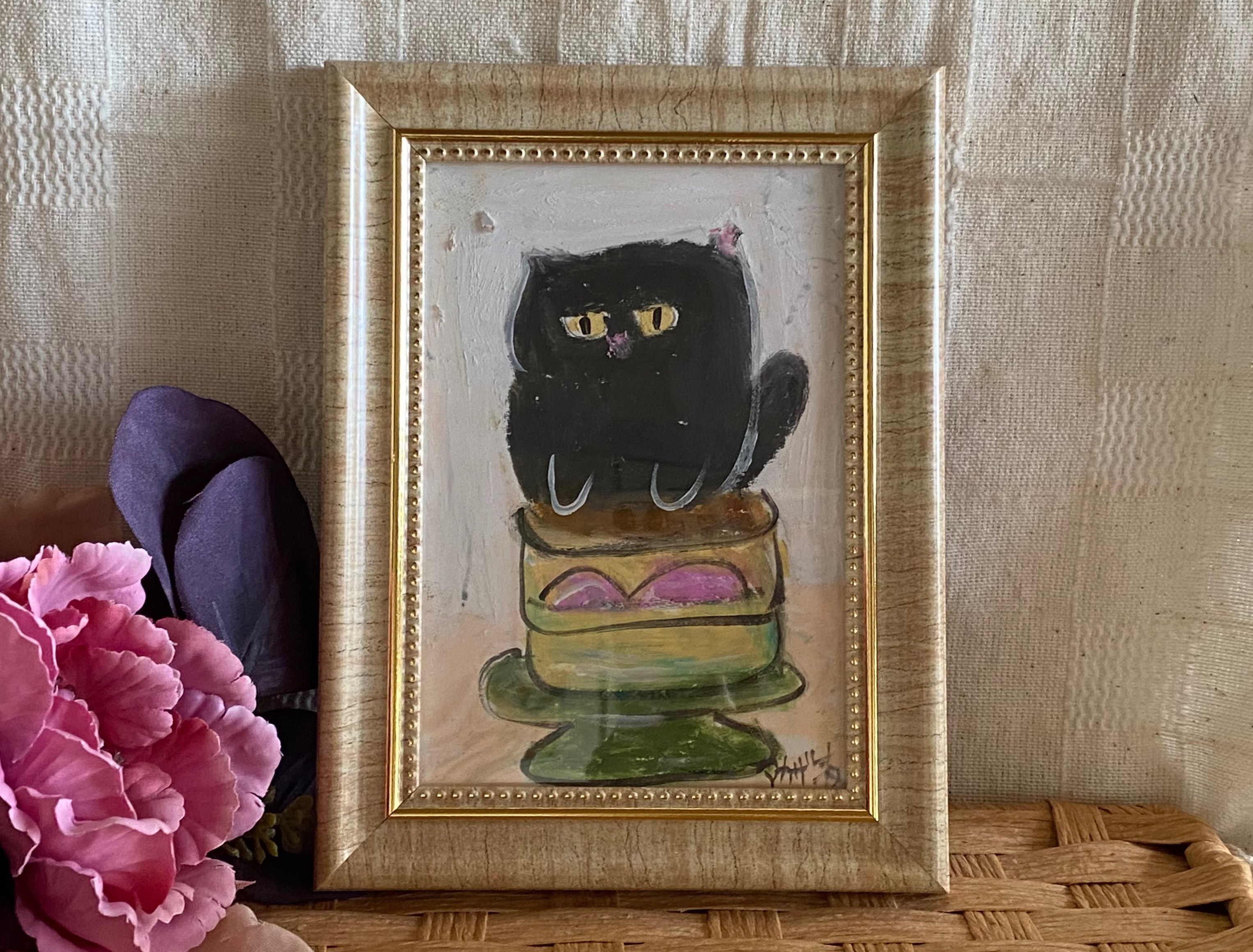 絵画 。手描き【かわいい猫たちが花、ワイン、果物のテーブルを囲んでいる】 絵画 。手描き【かわいい猫たちが花、ワイン、果物のテーブルを
