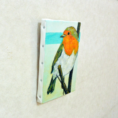 油絵・イラスト ロビン こまどり ヨーロッパの野鳥 水色・オレンジ