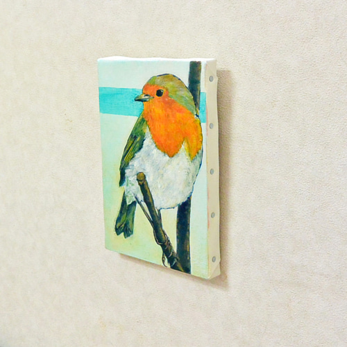 油絵・イラスト ロビン こまどり ヨーロッパの野鳥 水色・オレンジ