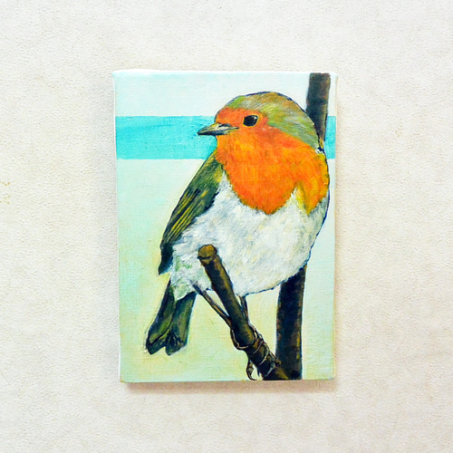 油絵・イラスト ロビン こまどり ヨーロッパの野鳥 水色・オレンジ