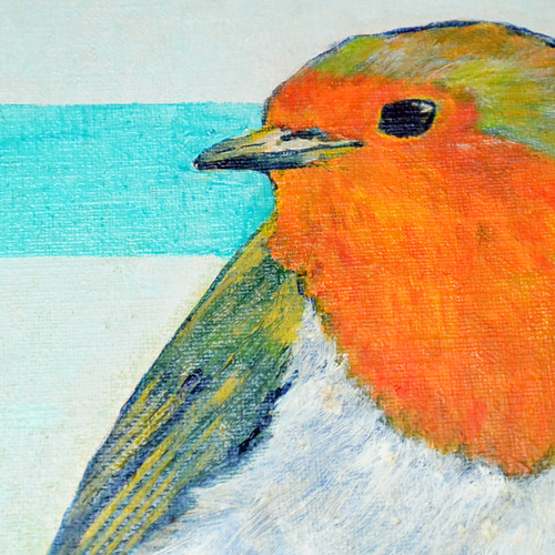油絵・イラスト ロビン こまどり ヨーロッパの野鳥 水色・オレンジ
