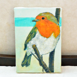 油絵・イラスト ロビン こまどり ヨーロッパの野鳥 水色・オレンジ